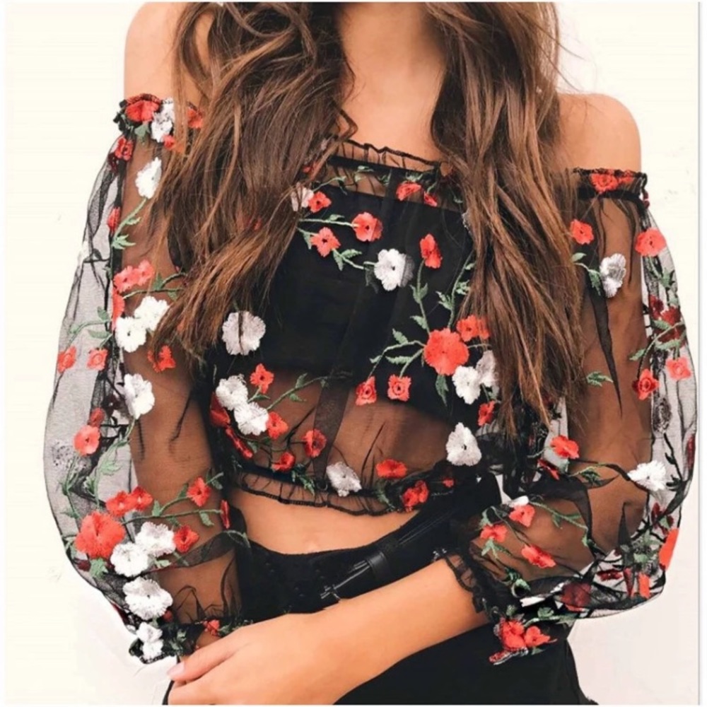 Black Floral Chiffon Sheer Top - Picture 3 of 6